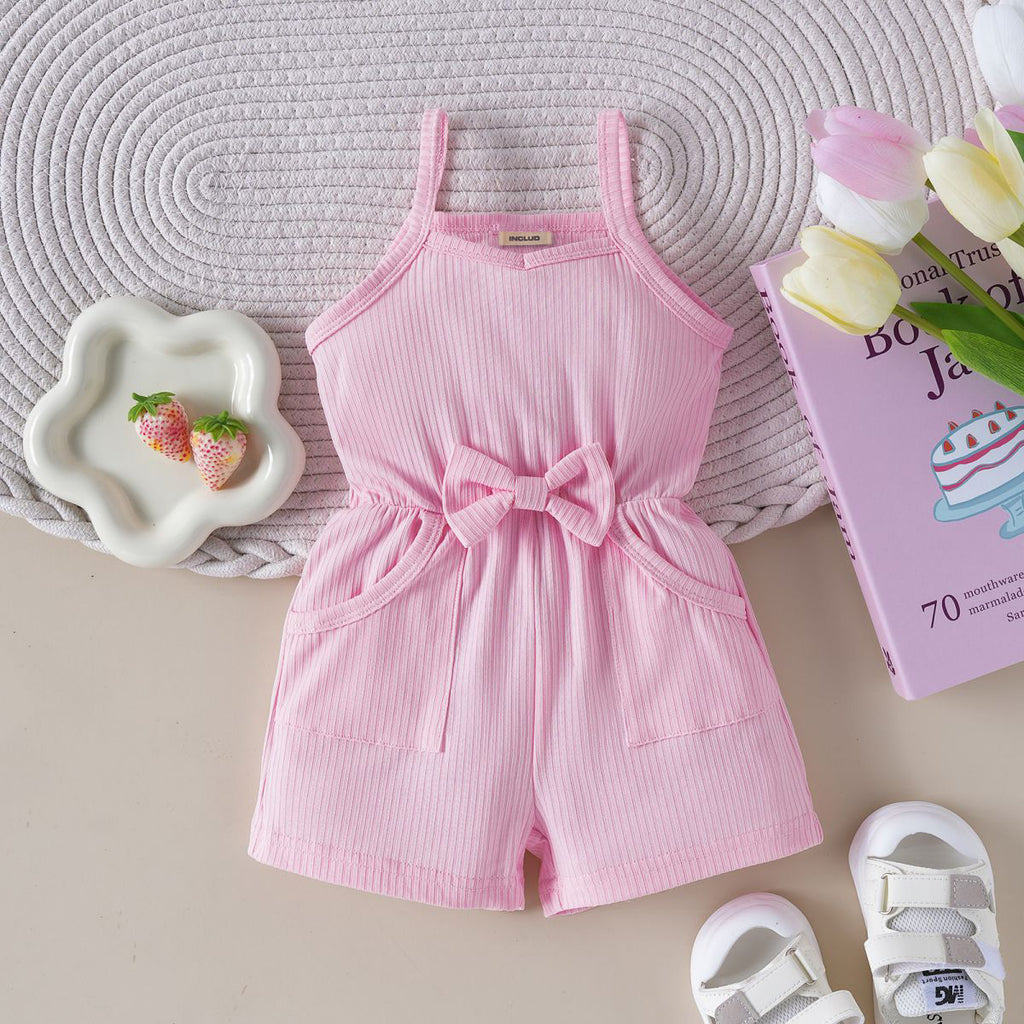 Girls Pink Shoulder Straps Knitted Jumpsuit Jumpsuits Pink 6-12 M 