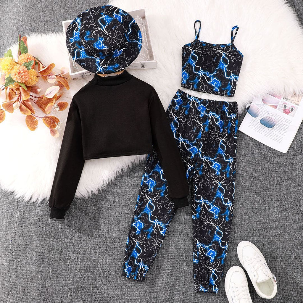 Girls Blue Printed Crop Top with Camisole Top & Pants Set Sets   
