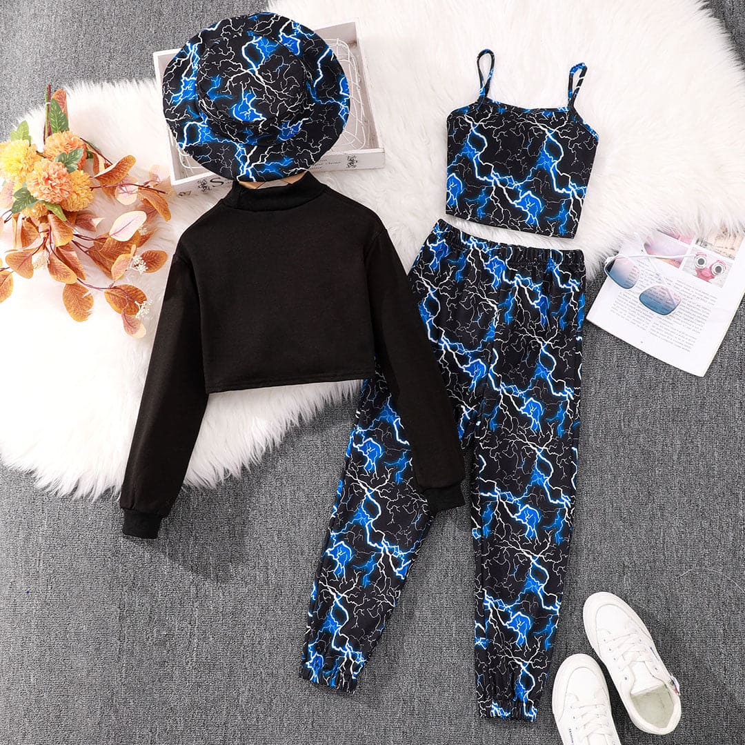 Girls Blue Printed Crop Top with Camisole Top & Pants Set Sets   