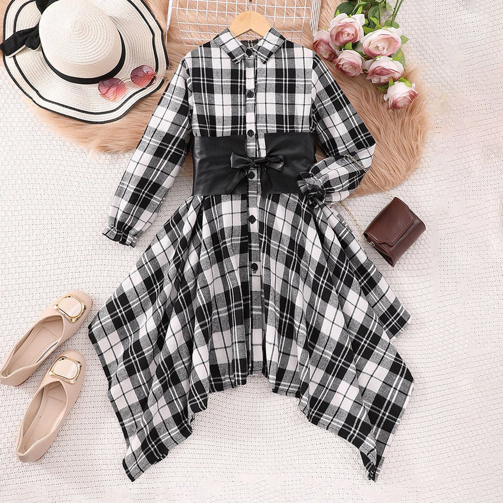 Girls Black Checkered Print Fit & Flare Handkerchief Dress Casual Dresses Black 8-9 Y 