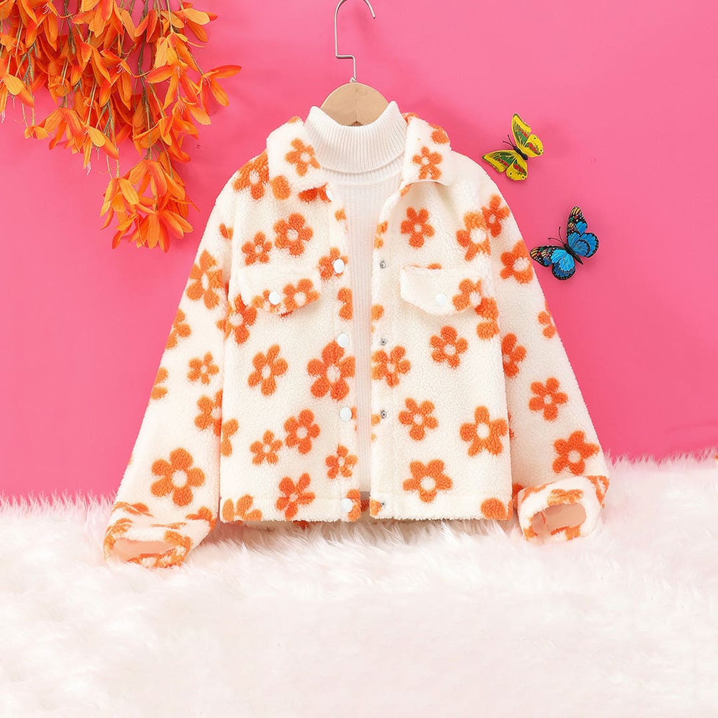 Girls Orange Fleece Floral Print Full Sleeves Jacket Coats & Jackets Orange 8-9 Y 