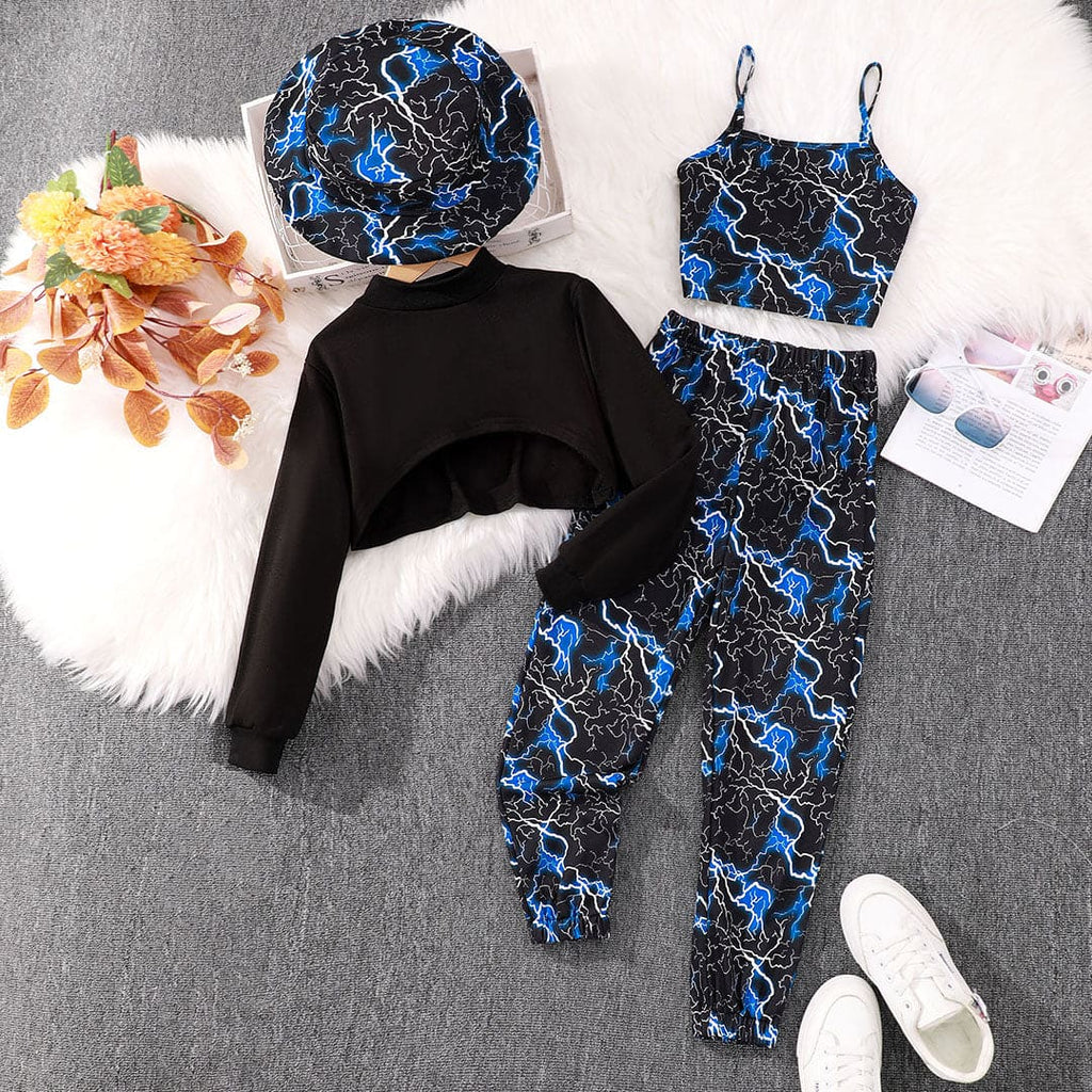 Girls Blue Printed Crop Top with Camisole Top & Pants Set Sets Blue 8-9 Y 