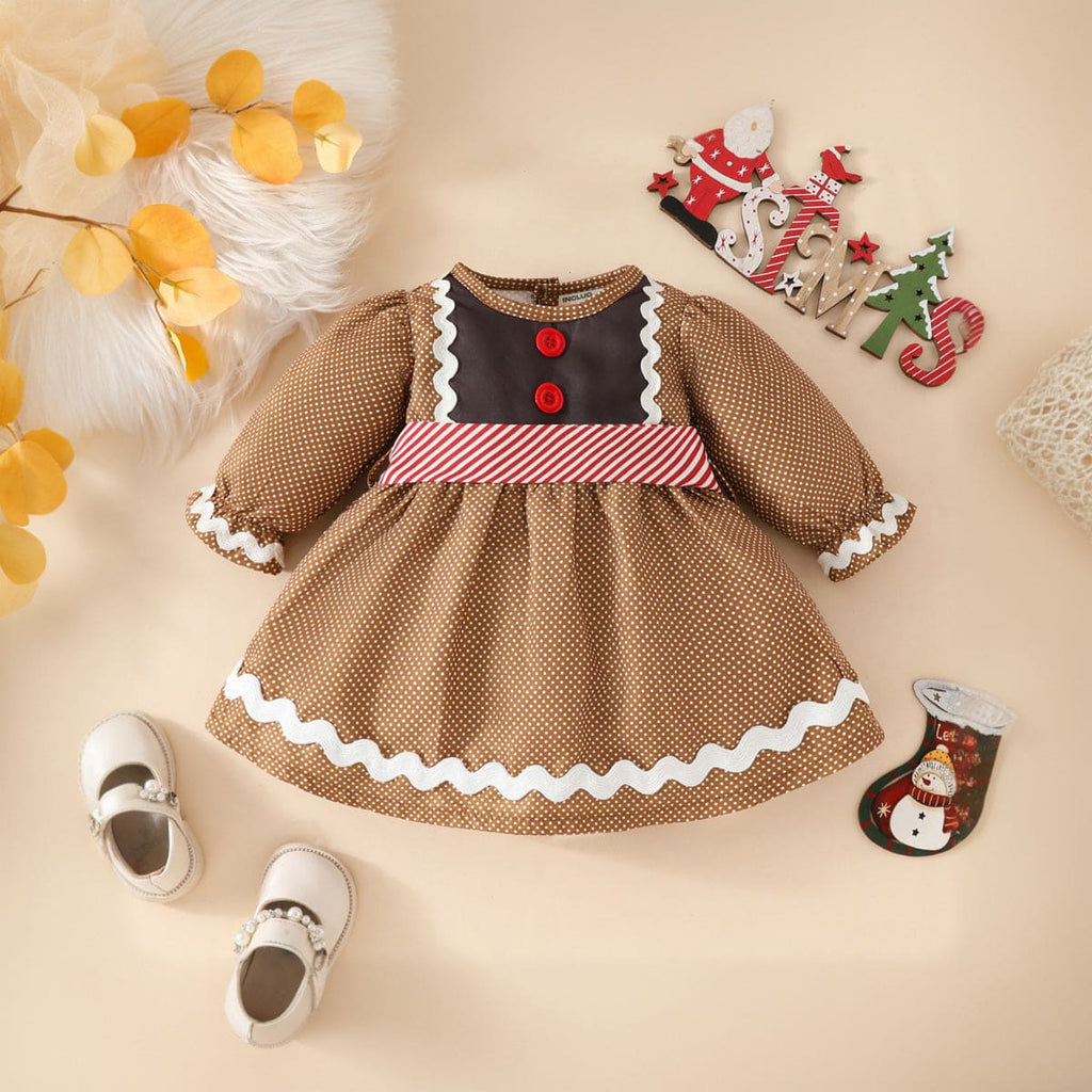 Girls Brown Polka Dot Print Puff Sleeves Fit & Flare Casual Dress Casual Dresses Brown 6-12 M 