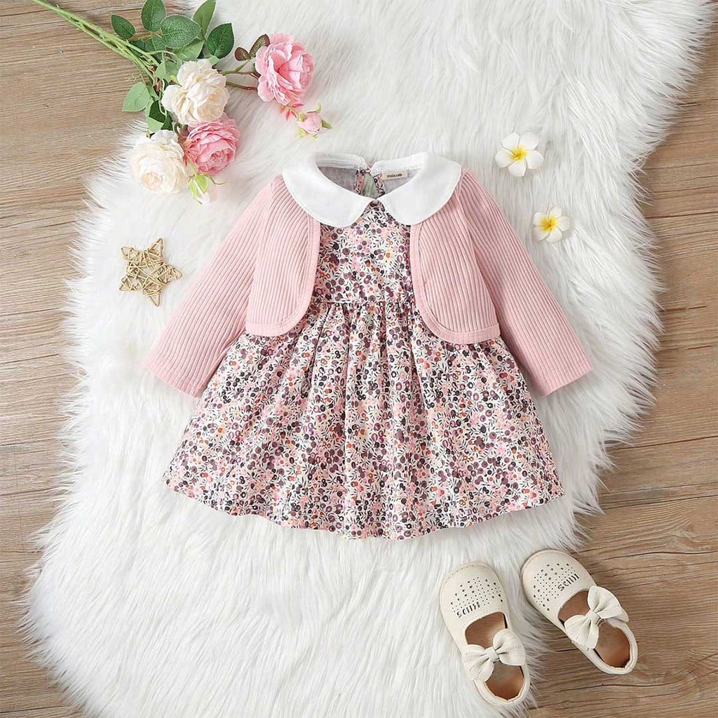 Girls Pink Long Sleeve Top With Printed Floral Dress Casual Dresses Pink 6-9 M 