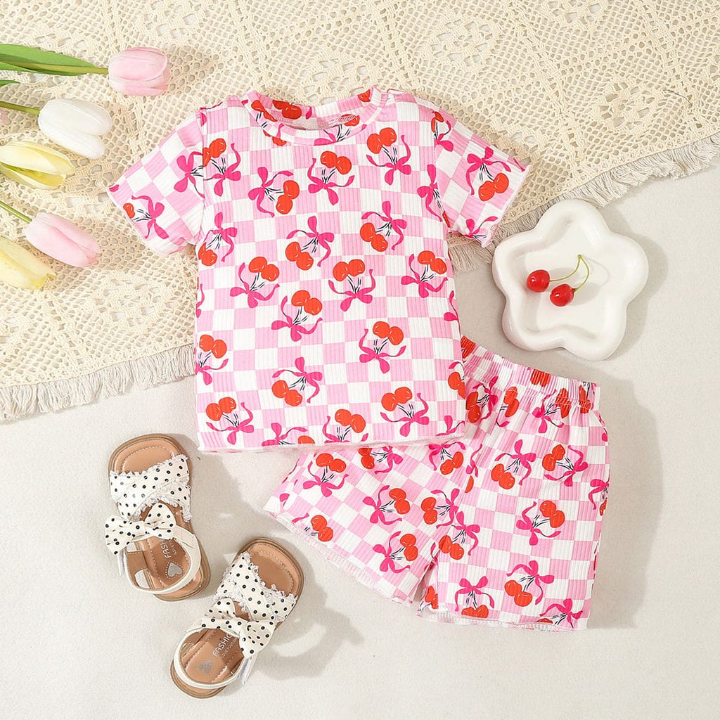 Girls Pink Cherry Printed Full Sleeves T-shirt with Shorts Set Sets Pink 6-12 M 