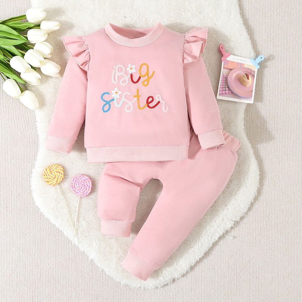 Girls Pink Embroidered Full Sleeves Sweatshirt with Sweatpants Set Sets Pink 12-18 M 