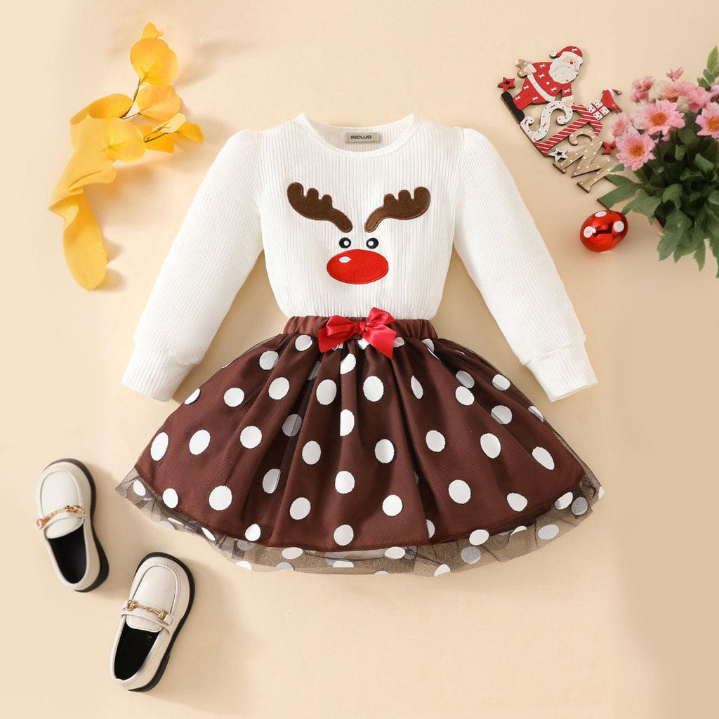 Girls White Patch Work Knitted Top with Polka Dot Print Skirt Set Sets White 6-12 M 