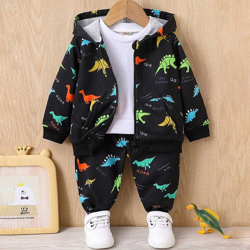 Boys Black Dinosaur Print Sweatshirt With T-Shirt And Pants Set Sets Black 6-9 M 