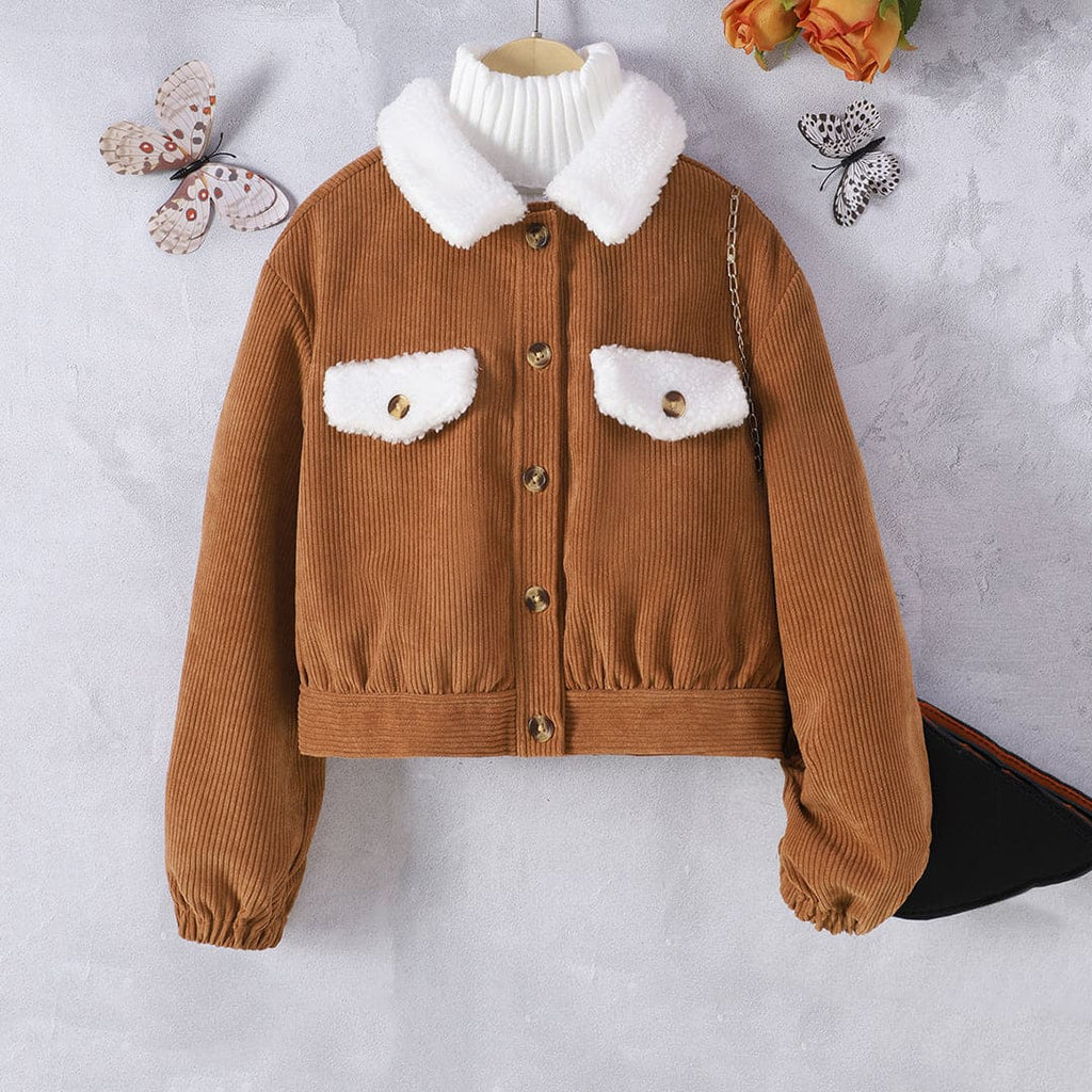 Girls Brown Corduroy Full Sleeves Jacket Coats & Jackets Brown 9-10 Y 