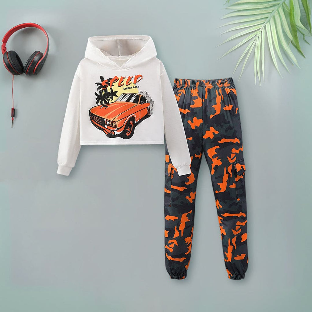 Boys White Hooded Sweatshirt With Printed Pants Set Sets White 8-9 Y 