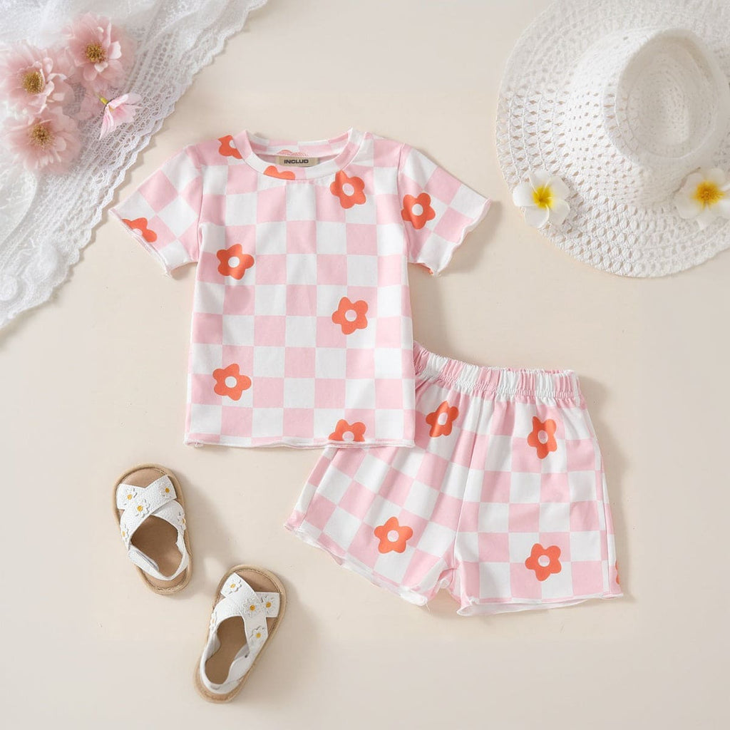 Girls Pink Floral Print Short Sleeves T-shirt with Shorts Set Sets Pink 6-12 M 