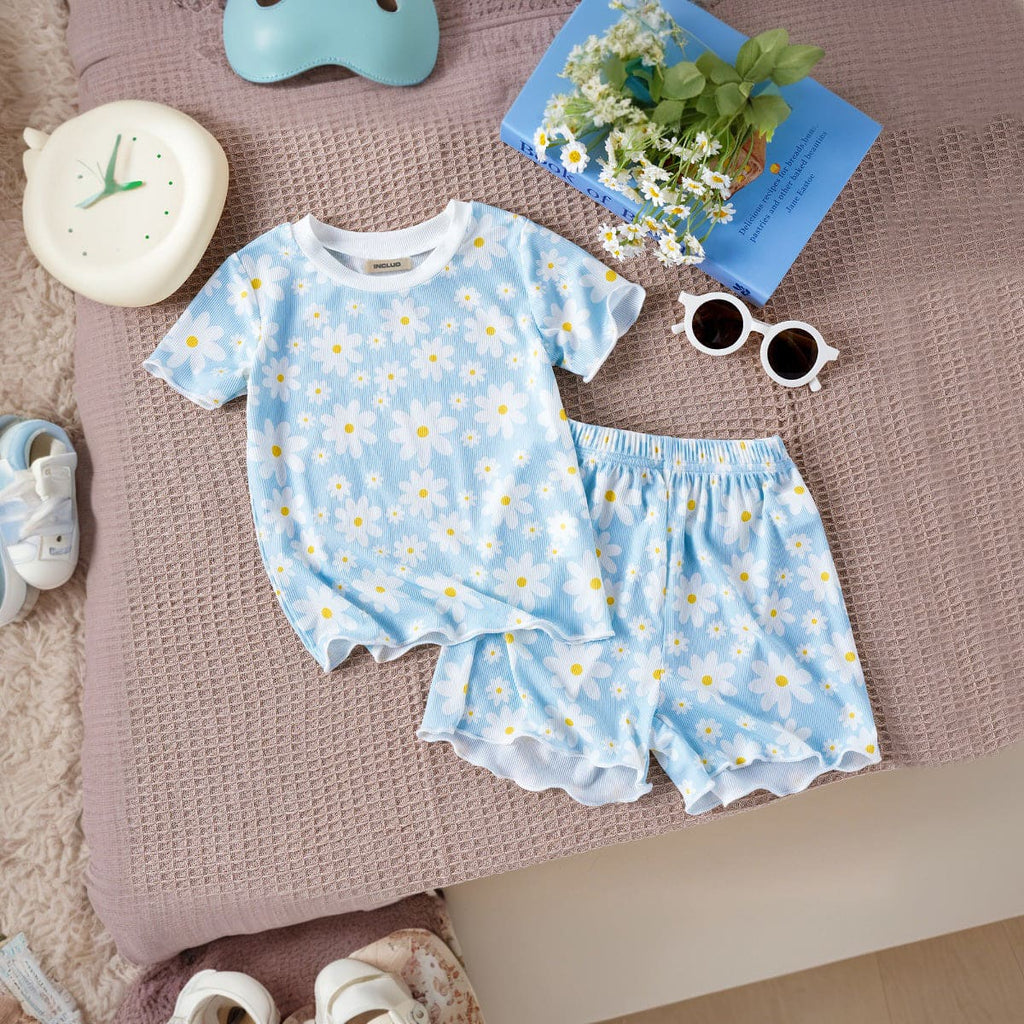 Girls Blue Floral Print Short Sleeves T-shirt with Shorts Set Sets Blue 6-12 M 