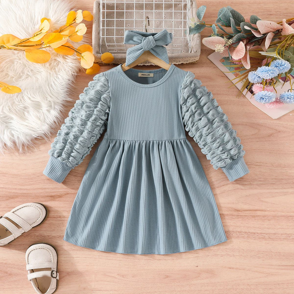 Girls Grey Puff Sleeves Fit & Flare Casual Dress Casual Dresses Blue 1-2 Y 