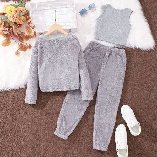 Girls Grey Sleeveless Top with Shrug & Trouser Set Sets   