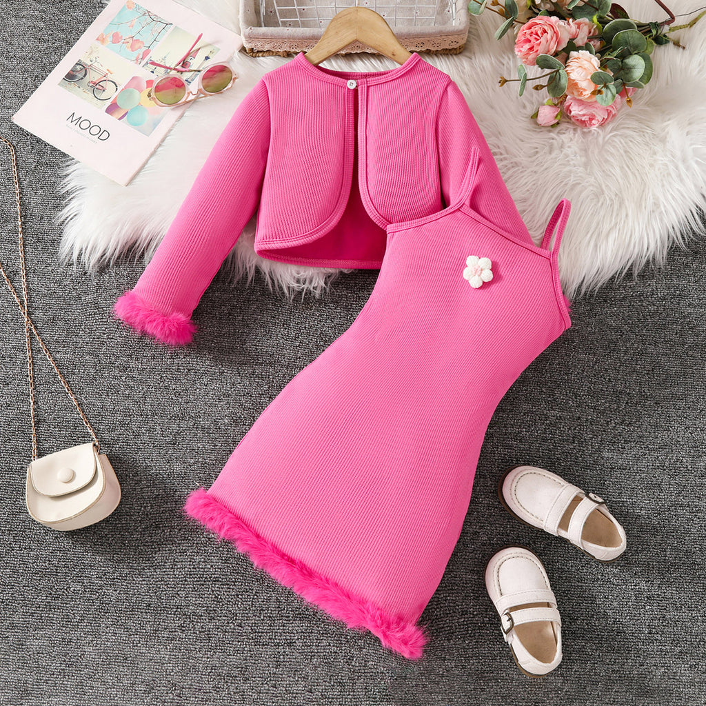 Girls Pink Knitted Shoulder Straps Bodycon Dress with Shrug Casual Dresses Pink 1-2 Y 