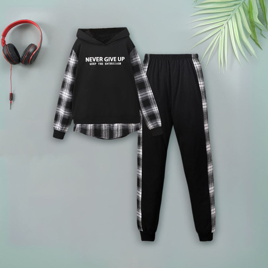 Boys Typography Print Hooded Sweatshirt With Pants Set Sets Black 13-14 Y 