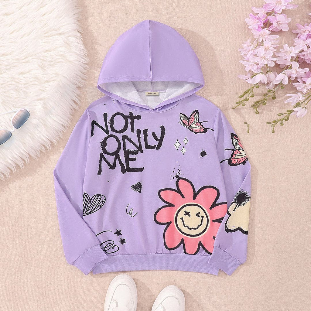 Girls Purple Printed Full Sleeves Hooded Sweatshirt Sweatshirts & Hoodies Purple 8-9 Y 