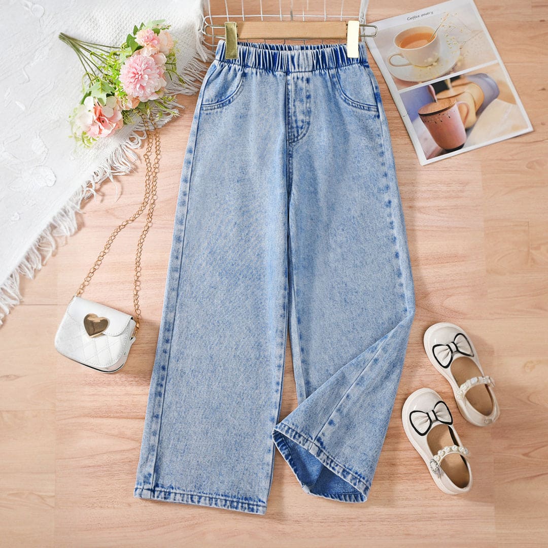 Girls Light Blue Straight Fit Elasticated Denim Pants Pants Light Blue 8-9 Y