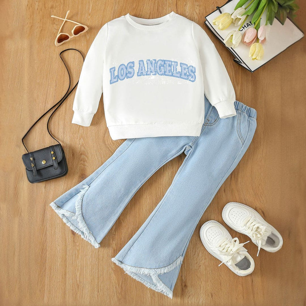 Girls White Typography Print Sweatshirt With Wide Leg Denim Pants Set Sets White 4-5 Y