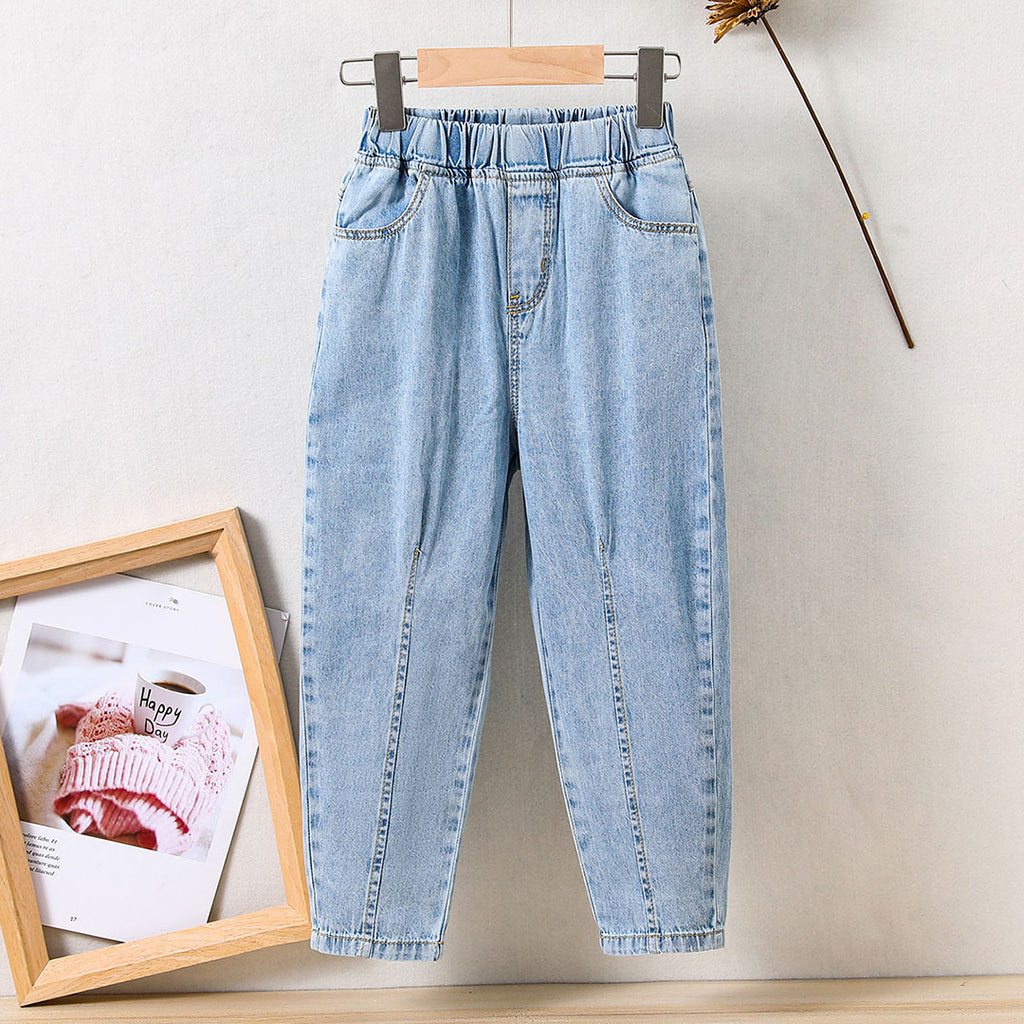 Girls Blue Narrow Hem Elasticated Denim Pants Pants Blue 5-6 Y