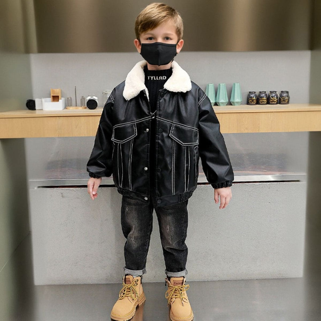 Boys Black Faux Leather Winterwear Jacket Coats & Jackets Black 1-2 Y