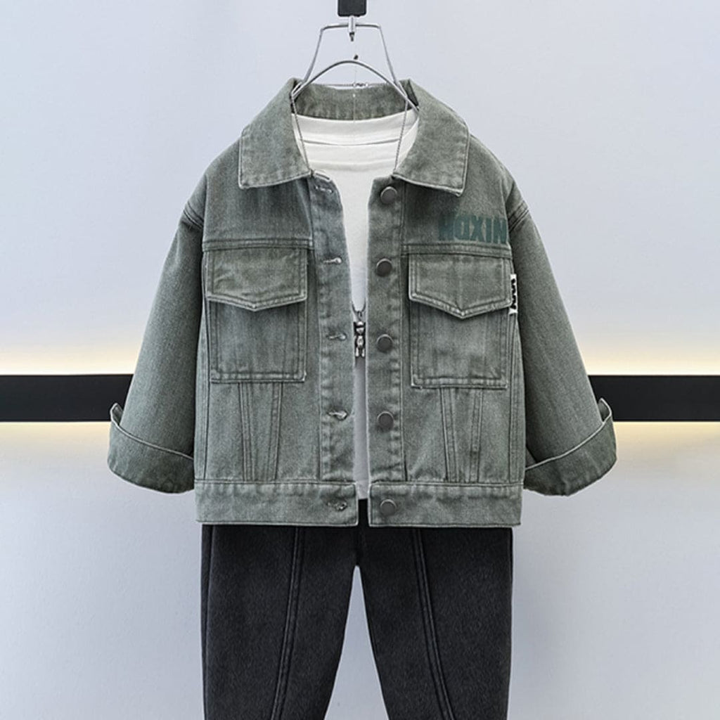 Boys Green Solid Denim Jacket Coats & Jackets Green 1-2 Y