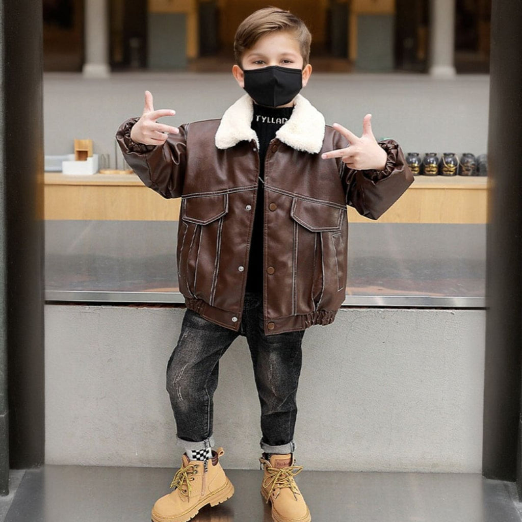 Boys Brown Faux Leather Winterwear Jacket Coats & Jackets Brown 1-2 Y