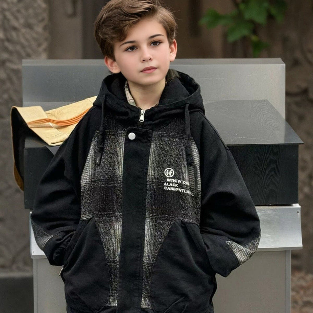 Boys Black Checkered Print Hooded Winterwear Jacket Coats & Jackets Black 5-6 Y