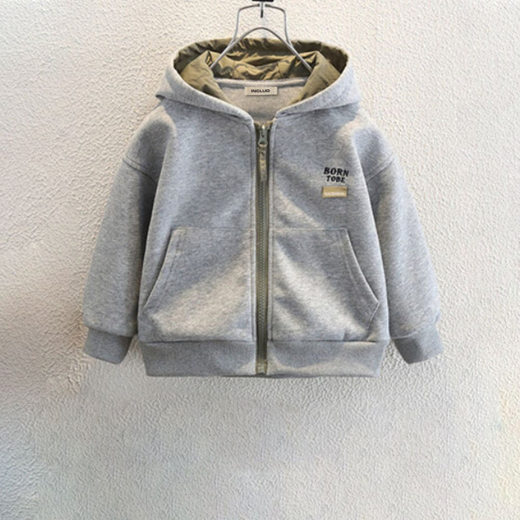 Boys Solid Grey Hooded Regular Jacket Coats & Jackets Grey 1-2 Y