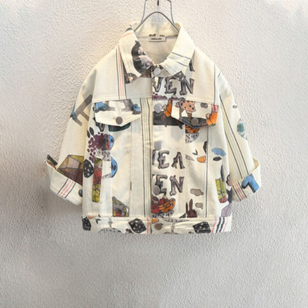 Boys Beige Printed Full Sleeves Denim Jacket Coats & Jackets Beige 1-2 Y