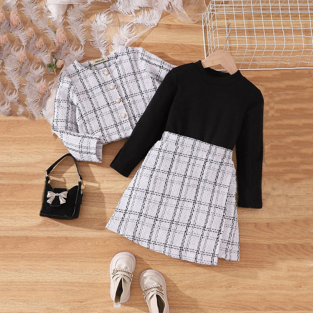 Girls White Check Top With T-Shirt & Skirt Set