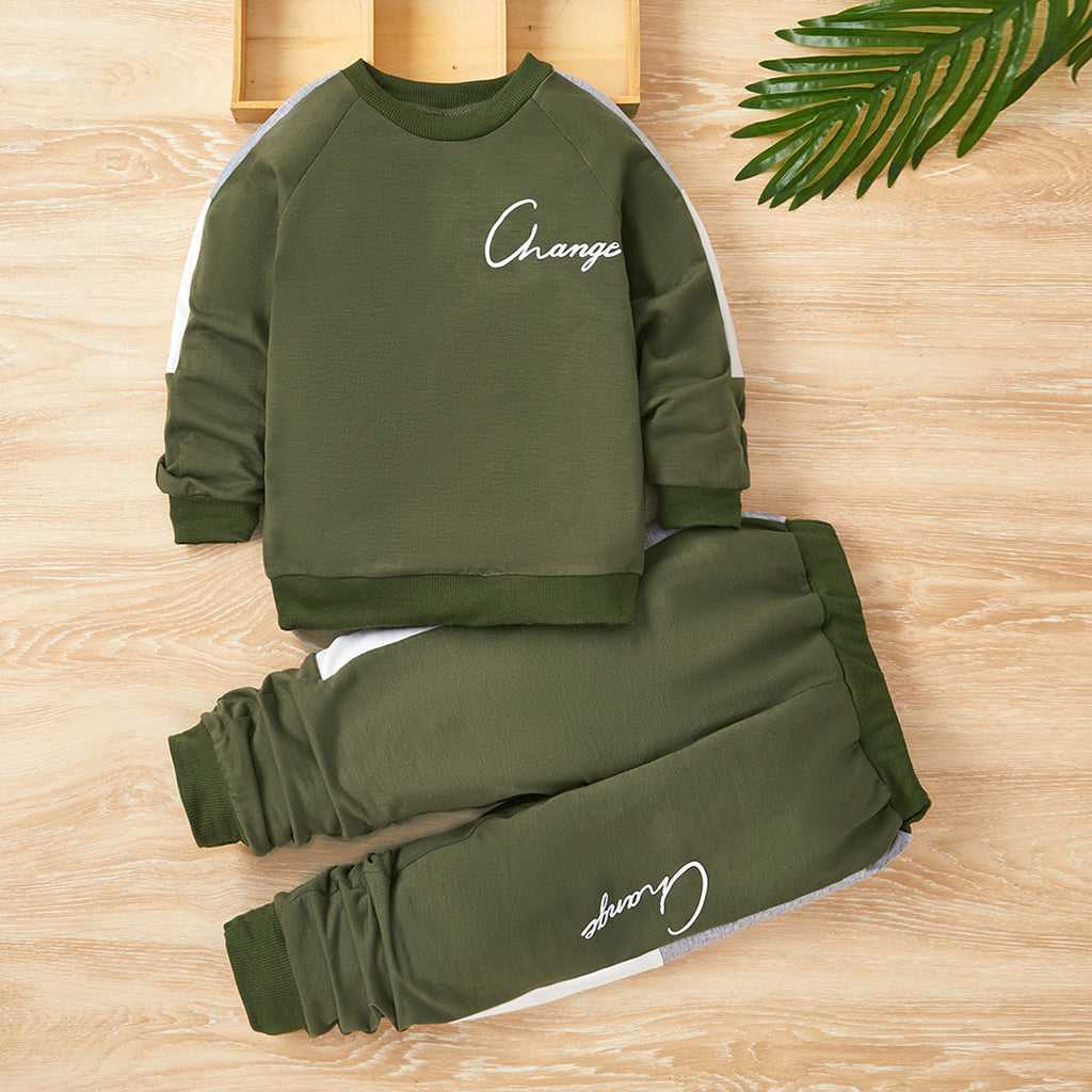 Boys Army Green Raglan Sleeve Sweatshirt With Pants Set Sets Green 1-2 Y 