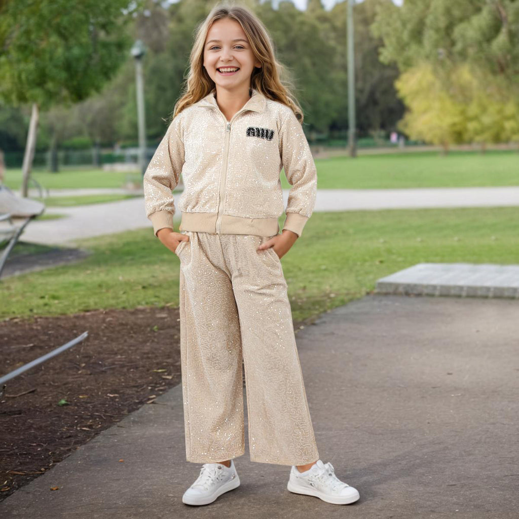 Girls Beige Embellished Hooded Jacket with Pants Set Sets Cream 7-8 Y 