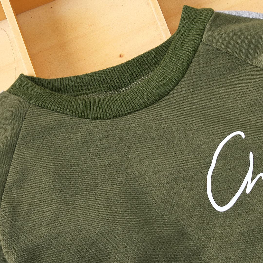 Boys Army Green Raglan Sleeve Sweatshirt With Pants Set Sets   