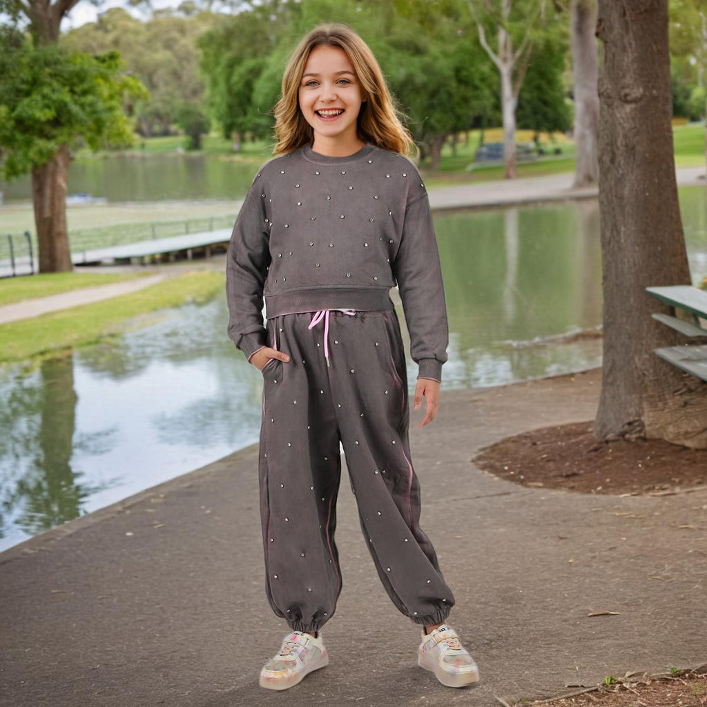 Girls Grey Embellished Sweatshirt with Pants Set Sets Gray 11-12 Y 