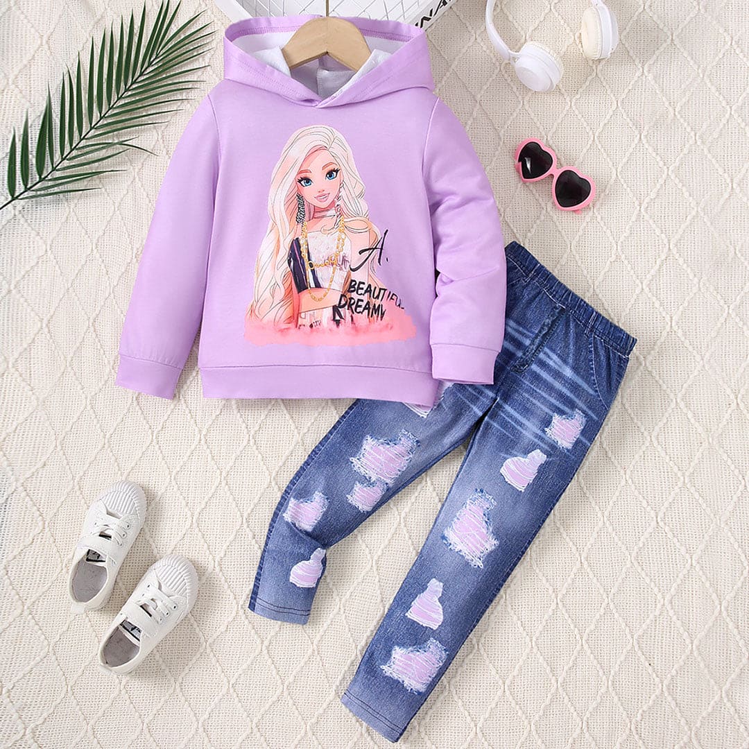 Girls Purple Graphic Sweatshirt With Denim Pants Set Sets Violet 4-5 Y 