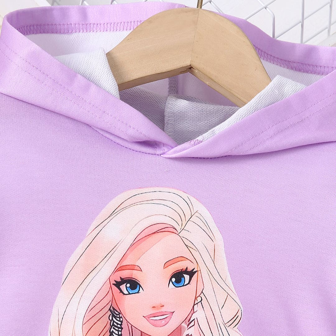 Girls Purple Graphic Sweatshirt With Denim Pants Set Sets   