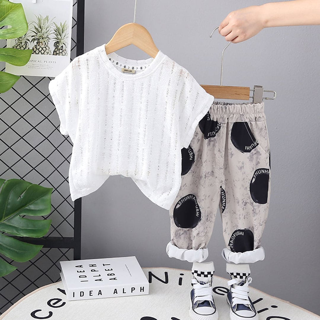 Boys White Extended Sleeves T-shirt with Printed Pants Set Sets White 9-12 M 