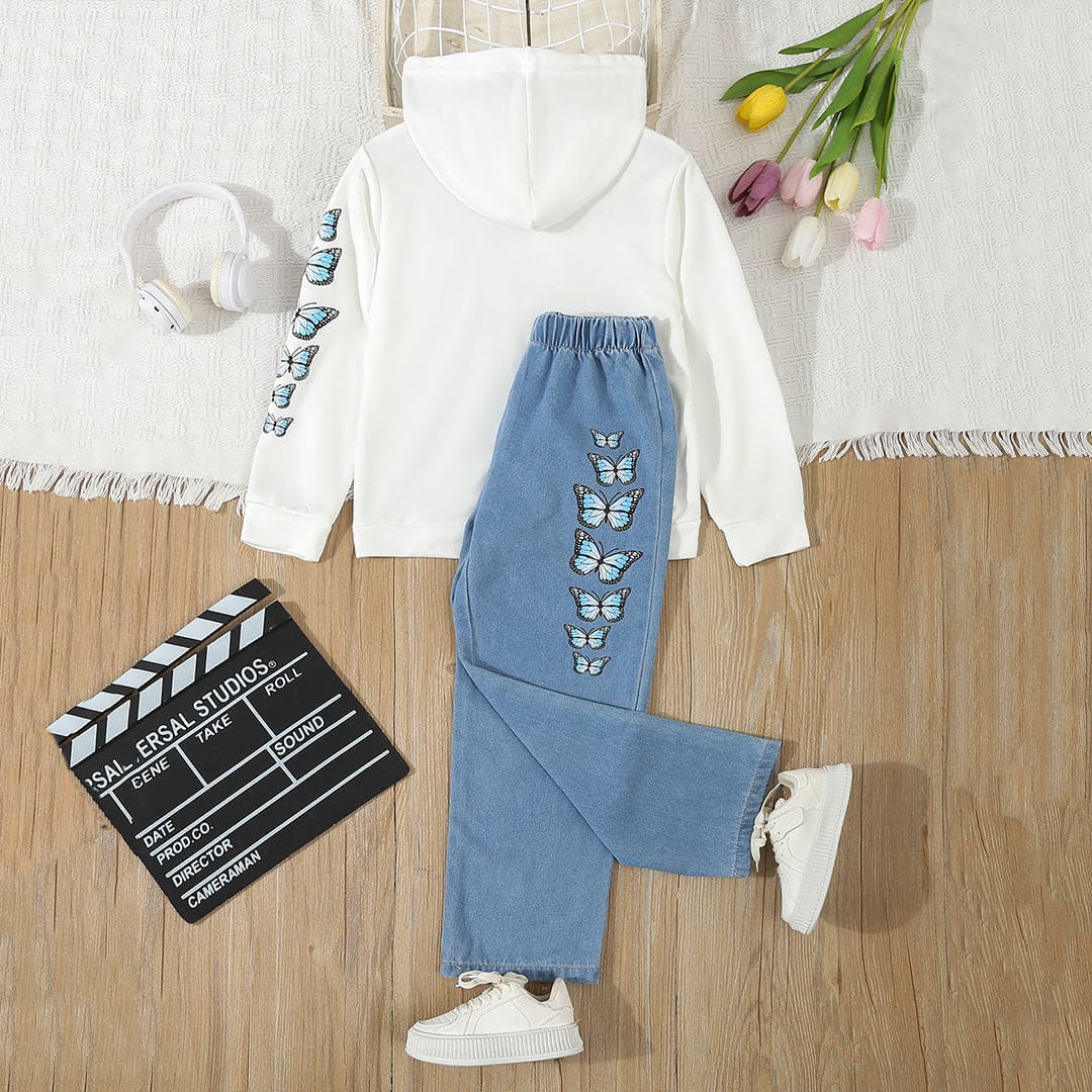 Girls White Printed Hooded Sweatshirt with Denim Set Sets   