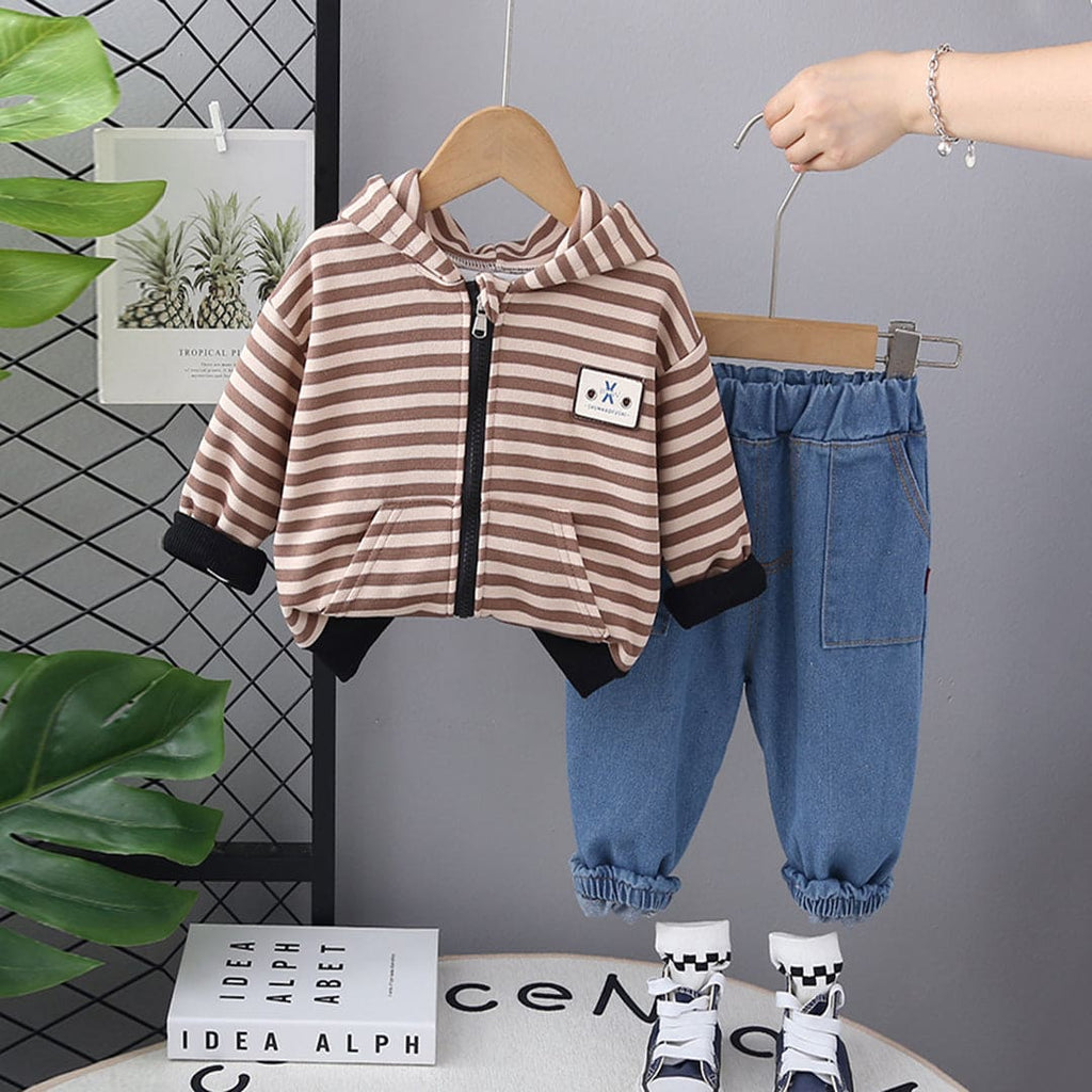 Boys Brown Striped Hooded Jacket with Denim Set Sets Brown 9-12 M 