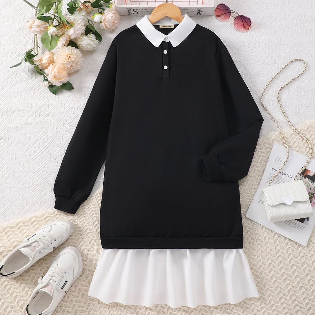 Girls Black Full Sleeves Drop-Waist Causal Dress Casual Dresses Black 13-14 Y 