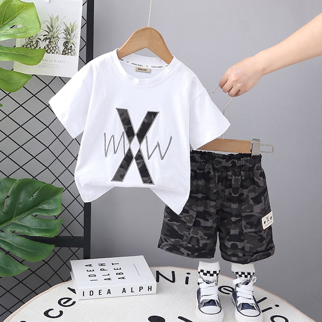 Boys White Camouflage Short Sleeves T-shirt with Short Set Sets White 9-12 M 