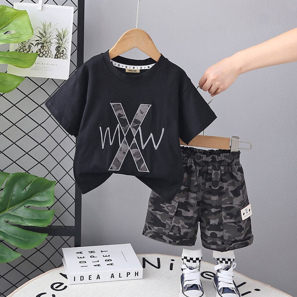 Boys Black Camouflage Print Short Sleeves T-shirt with Shorts Set Sets Black 9-12 M 