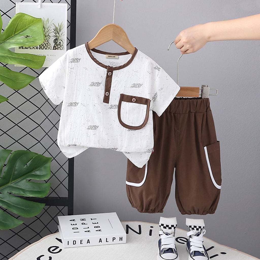 Boys Brown Printed Short Sleeves T-shirt with Trouser Set Sets Brown 9-12 M 