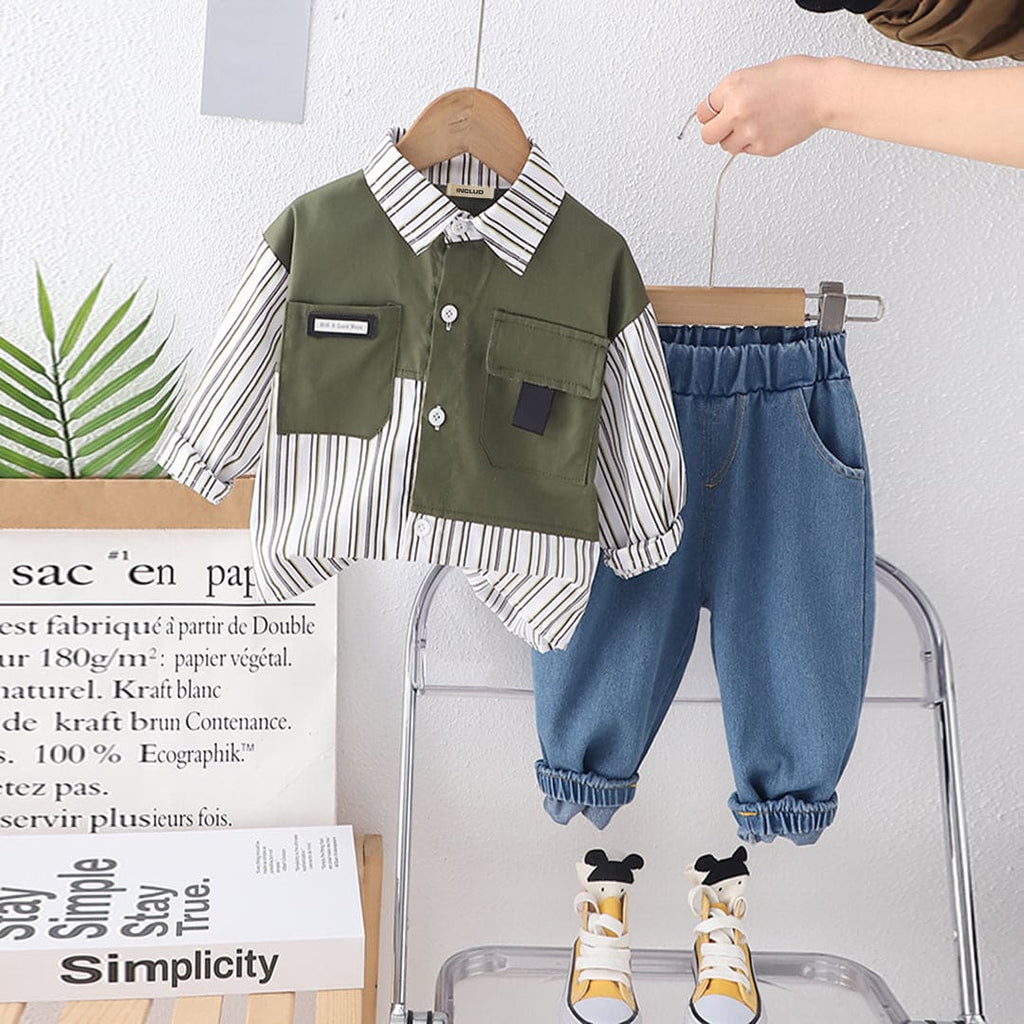 Boys Green Striped Shirt with Denim Set Sets Green 9-12 M 