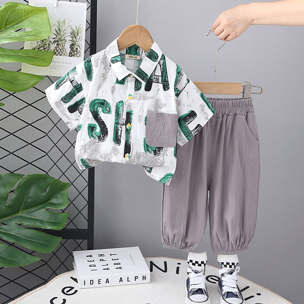 Boys Green Printed Short Sleeves Shirt with Trouser Set Sets Green 9-12 M 