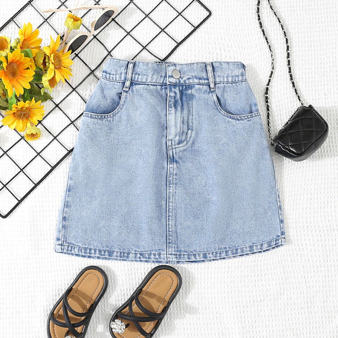 Girls Light Blue Solid Denim Skirt Skirts Light Blue 8-9 Y 