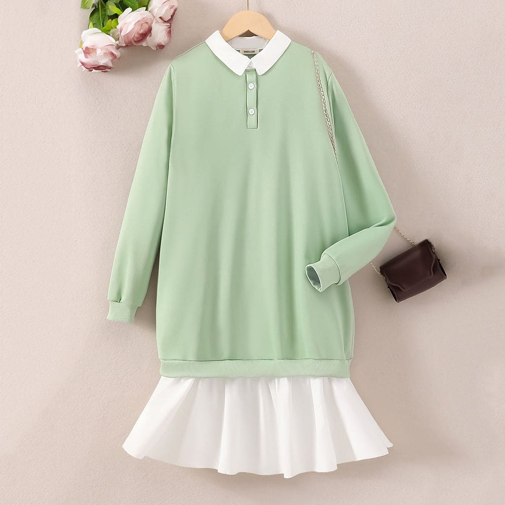 Girls Green Full Sleeves Drop-Waist Casual Dress Casual Dresses Green 13-14 Y 