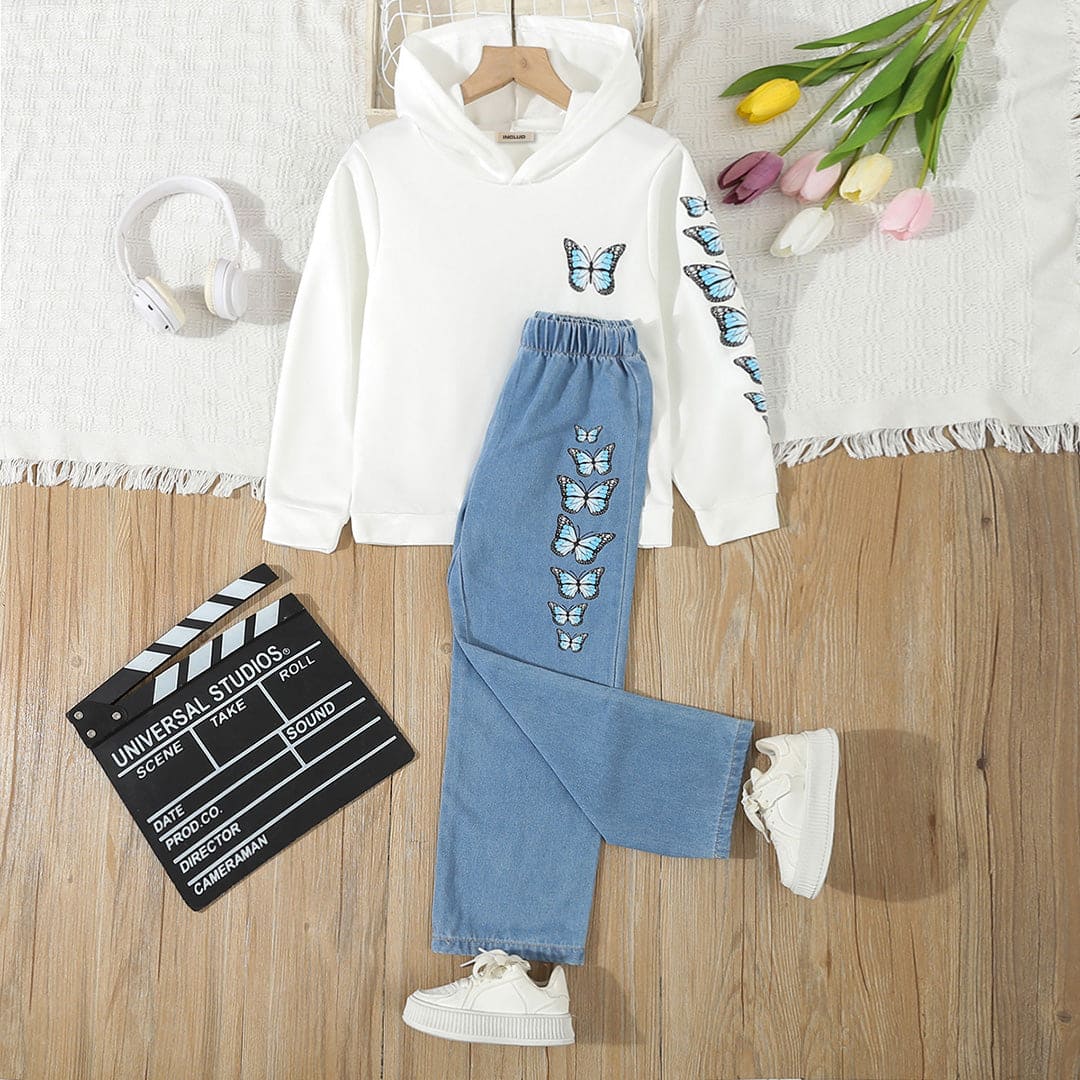 Girls White Printed Hooded Sweatshirt with Denim Set Sets White 8-9 Y 
