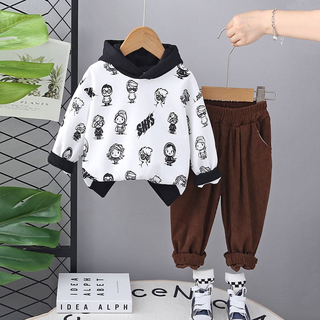 Boys White All Over Printed Hooded with Trouser Set Sets White 9-12 M